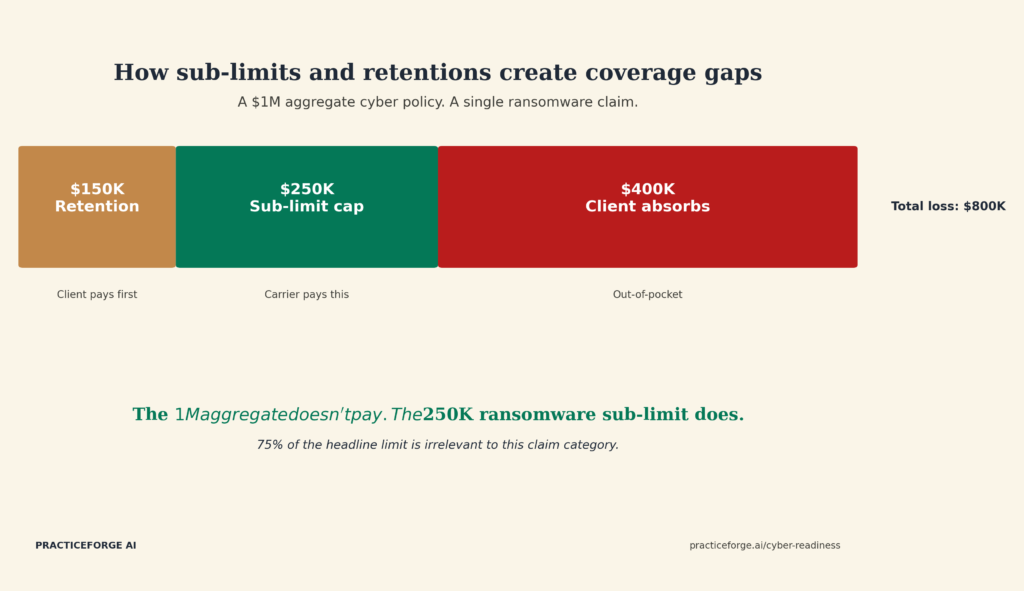 How cyber insurance sub-limits and retentions create coverage gaps — a $1M aggregate becomes $400K out-of-pocket on a ransomware claim